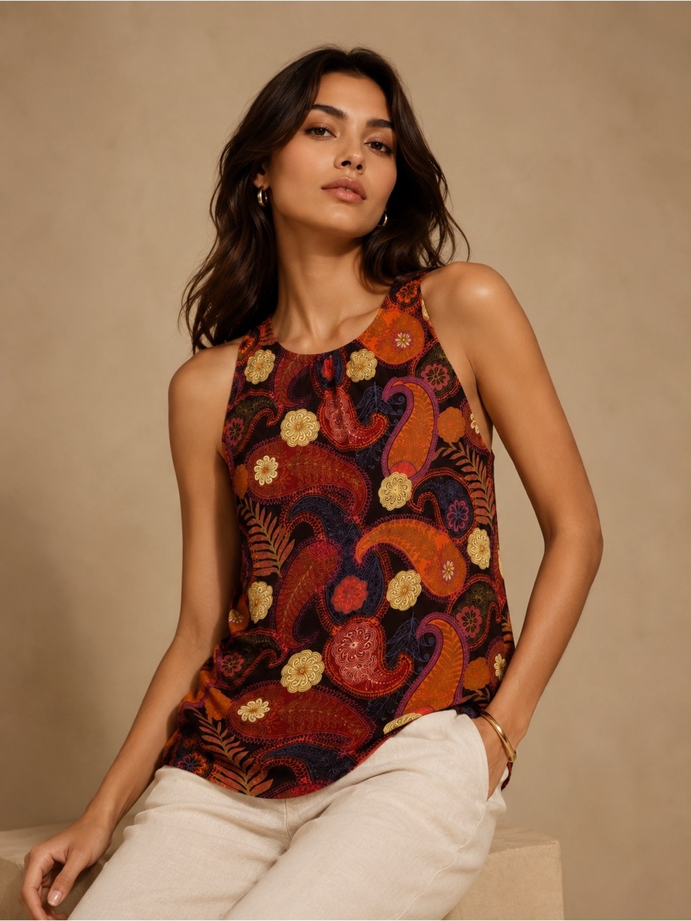 Paisley-Print Sleeveless Cami in Rust Multi
